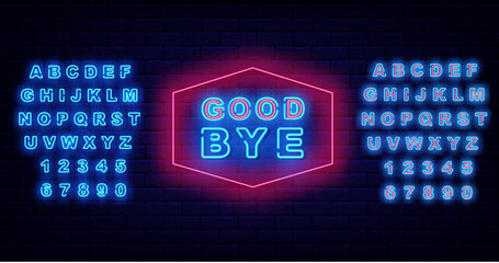 Good bye neon label in vintage frame. Farewell concept. Leaving text. Luminous blue alphabet. Vector illustration