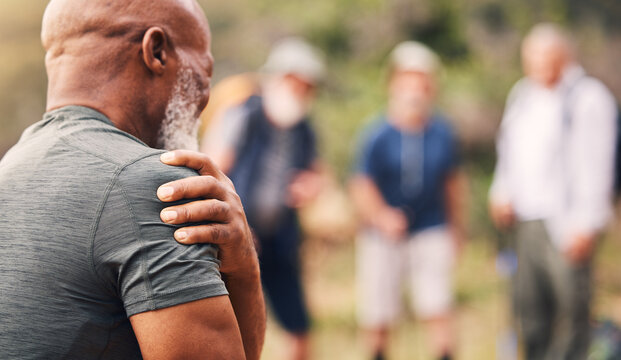 Shoulder pain, injury and back of senior black man after hiking accident outdoors. Sports, training hike and elderly male with fibromyalgia, inflammation or arthritis, broken bones or painful muscles