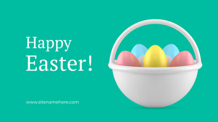 Happy Easter painted chicken eggs basket holiday present 3d banner design template realistic vector