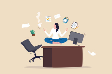 Employee wellbeing or wellness, comfortable to work, project management or relax workplace, balance or productivity concept, office woman mindfulness meditating on working desk levitate working stuff.