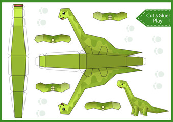 Kids craft template. Create to cut and glue a paper 3d dinosaur. DIY papercraft cutout puzzle toys. Activity worksheet for children. Vector printable education game. Birthday decor. 