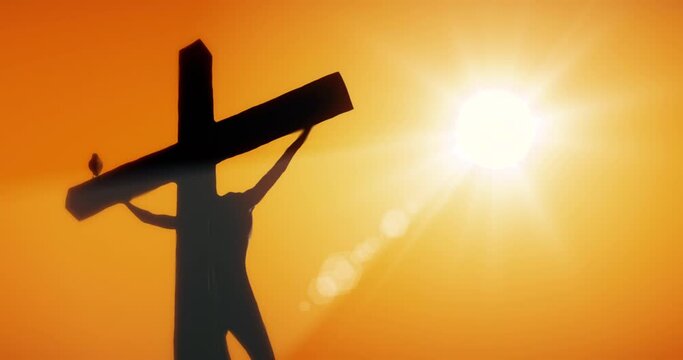 Jesus Christ and black raven. Crucifixion on a wooden cross under a scorching sun. Seamless loop animation