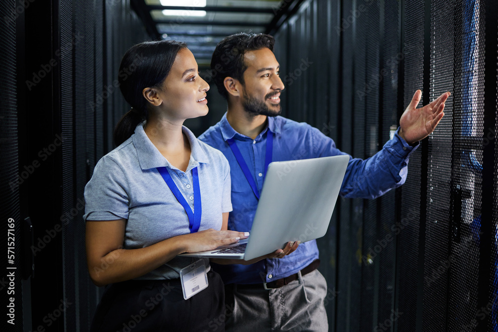 Fototapete Server room, laptop and manager people or technician in data center management, system and cyber security. Teamwork, inception and engineering or programmer employees, information technology and code