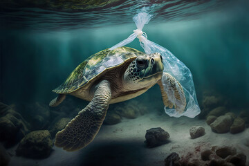 Turtle's Struggle to Survive with a Plastic Bag Entangled Around Its Body. Generative AI illustration.