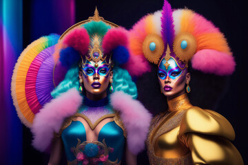 Two Drags in colorful fantasy costumes for carnival party. Beautiful Drags in glamorous dresses and masked with for carnival show. Generative ai