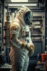 Fototapeta na wymiar Human in Sci-fi white biohazard protective suit in abandoned Lab. Generative AI