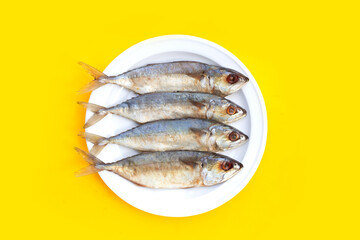 Salted fish on yellow background.