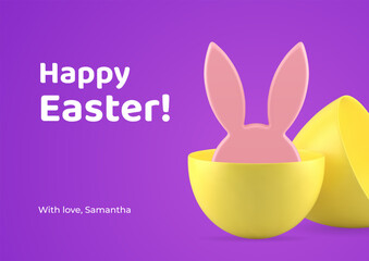 Happy Easter 3d greeting card bunny long ears hiding painted egg design template realistic vector