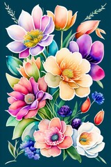 Colorful bouquet of mixed flowers with watercolor style, created with Generative AI technology