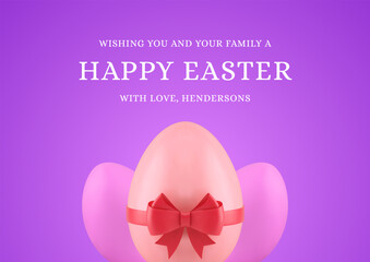 Happy Easter pink chicken eggs bow ribbon festive 3d greeting card realistic vector illustration