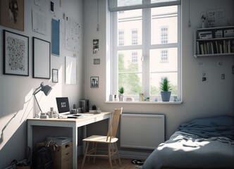 Modern student bedroom with natural light. Generative AI illustration.