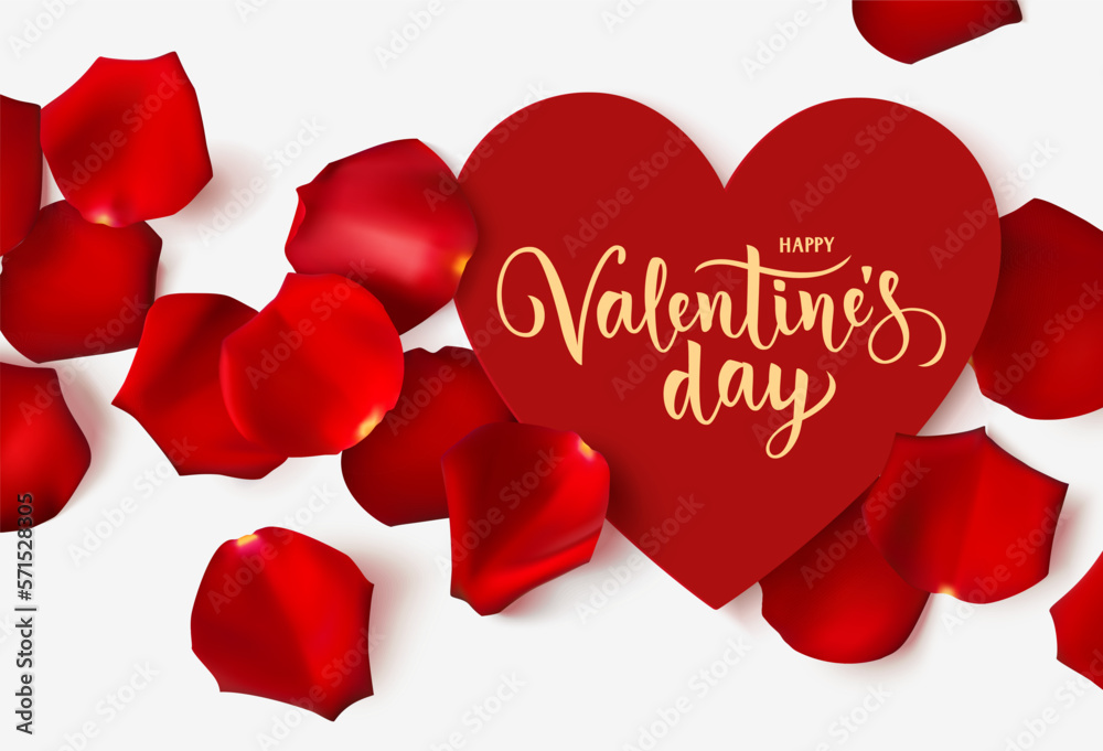 Sticker Valentines day design template. Holiday white background with isolated red heart and rose petals. Happy Valentines Day calligraphic lettering text. Vector stock illustration.