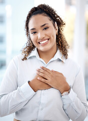 Fototapeta na wymiar Happy, black woman and business portrait with hands on chest for care, kindness and love for charity. Face of person with smile and emoji for heart, thank you and gratitude or trust and hope mockup