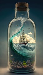 Ship on a clear sea in a glass bottle. Generative ai. 