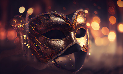 Venetian Mask With Abstract Defocused Bokeh Lights And Shiny Streamers for Carnival Party. Masquerade Disguise Concept. Blurred Bokeh Background. Generative Ai.