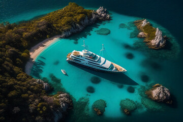 Fototapeta na wymiar Aerial view of luxury boat anchored in tropical island created with generative AI