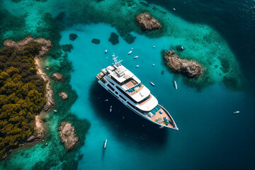 Aerial view of luxury yacht anchored in tropical island created with generative AI