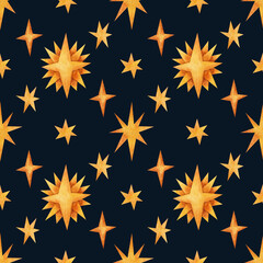 Seamless pattern with yellow stars on a dark blue background. Watercolor illustration. Sky. Dreams. Fantasies. Child. Print on fabric and wrapping paper. Wallpaper. Art. Design. Magical. Decoration.