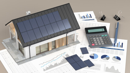 House with photovoltaic solar panel and calculator and documents - 3d illustration