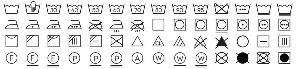 Washing symbols set. Laundry care label icons collection. Vector illustration.
