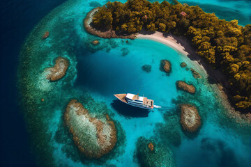 Fototapeta premium Aerial view of boat and mediterranean beach paradise created with generative AI