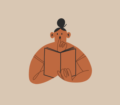 Hand drawn vector abstract cartoon,doodle readng female character holding a book in her hands and very surprised.Drawing doodle book reading character concept design.Study people vector illustration.