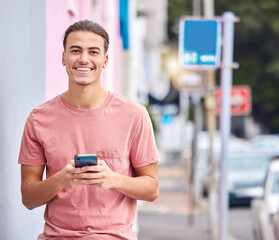 Man, portrait or phone text on city street, road or urban location on social media app, dating website or internet networking. Smile, happy or student model on mobile communication technology or gps