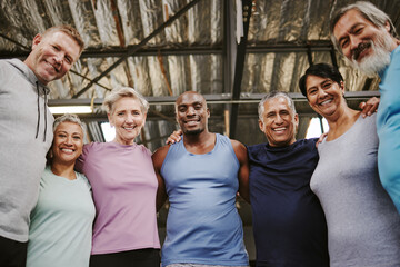 Senior people, fitness portrait and group support for training, workout or exercise community or...