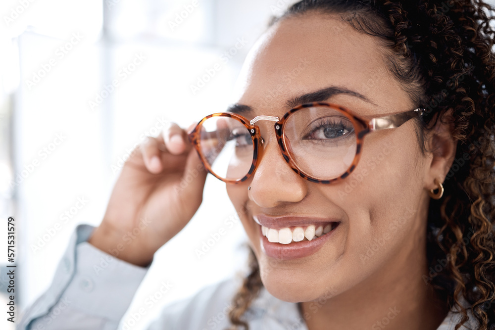 Sticker black woman, face and smile with glasses for eye care, vision and designer frame, prescription lens 