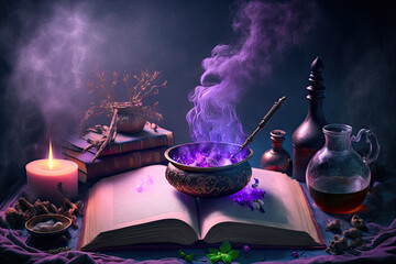 Magic old book of witchcraft. Dark fantasy illustration. Generative AI