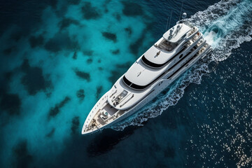 Fototapeta premium Aerial view of white luxury yacht sailing by blue sea. Generative AI