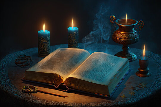 Magic old book of witchcraft with candles on the table. Dark fantasy illustration. Generative AI