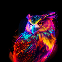 Neon illustrated owl, vivid lights on black background. Bright colors, colorful animal concept. Abstract portrait. Illustration, Generative AI.