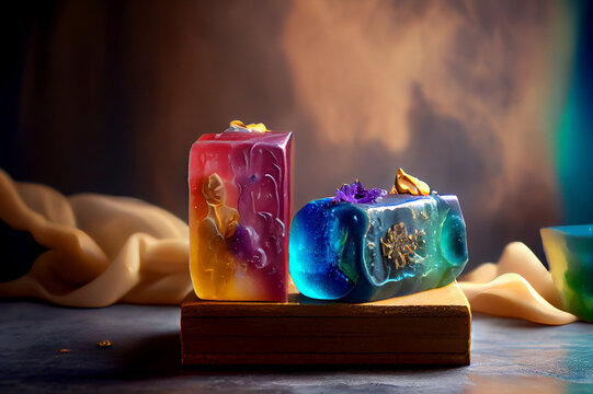 Handmade, colorful soap with intricate patterns and textures that evoke a sense of artistry and luxury, generative ai