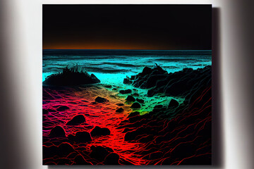 Neon light over the sea, mix color. Generative Ai