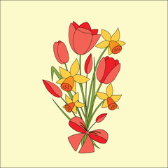 Card with flowers. Bouquet of yellow daffodils and red tulips. spring vector illustration