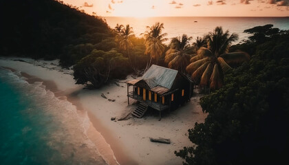 Naklejka premium aerial drone view of beautiful island with sandy beach, small modern wooden house hyper realistic, sharp, daylight, concept of living, generative ai