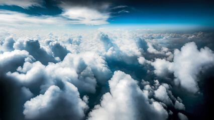 Flying above beautiful blue cloudscape, detailed aerial view from airplane, camera moving to clouds, picturesque CG image.
