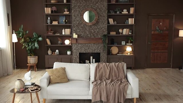 Modern stylish living room with large windows and beige sofa on the background of brown wall with fireplace, shelving with books and decor, and potted plants. Cozy chalet interior. Empty space