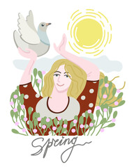 Spring. Young woman in flowers with white pigeon, who reaches out to the sun. Vector isolared illustration with lettering. Peace concept.