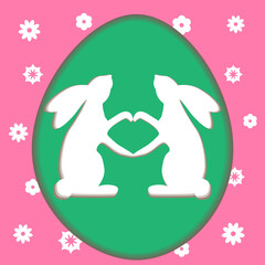 Postcard in the style of paper cut in a shape eggs Easter bunnies make hearts with their paws on a pink background
