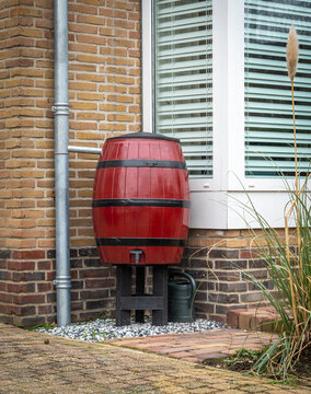 Red Rain Barrel With Valve And Watering Can. Collecting Rainwater By Rerouting A Section Of A Gutter Downpipe.