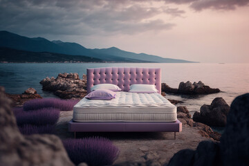 purple bed in nature with stunning views of the sea and mountains. Generative AI - obrazy, fototapety, plakaty