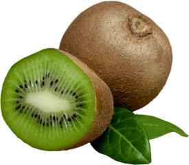Fototapeta na wymiar Whole and Half a Kiwifruit with Leaves - Isolated