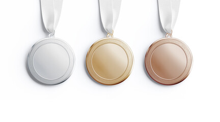 Blank gold, silver, bronze medal mockup, top view