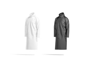Blank black and white protective raincoat mockup, side view - obrazy, fototapety, plakaty