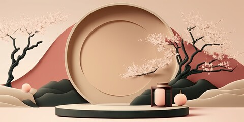 Japanese inspired abstract background for cosmetics. Illustration of presentation background with podium and bonsai tree during winter. Generative AI
