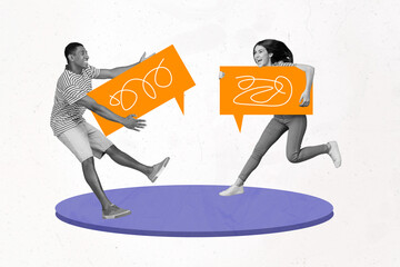 Creative collage artwork photo picture sketch of positive carefree friends communicating social media isolated on painted background