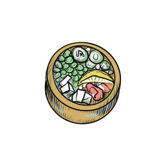 Sushi rolls japanese food chinese traditional cuisine rice fish salmon hand drawn set separately on white background unagi maki sticks  food menu Inscriptions in English sushi and rolls