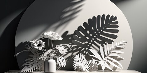 Background of white table and abstract geometric wall with shadows of flowers and palm leaves overlaid. Background for a product presentation made of abstract gray studio. space for copies. summertime
